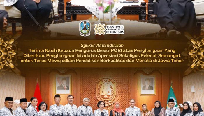Gubernur Khofifah Terima Dwija Praja Nugraha, Penghargaan Tertinggi PB PGRI